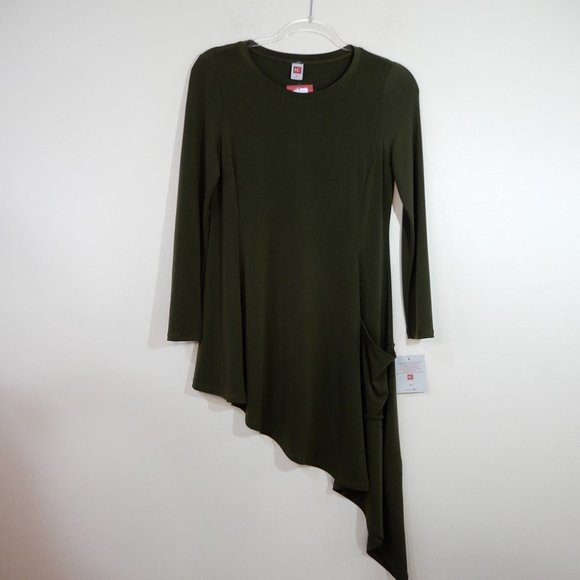 IC Collection Asymmetrical Hem TUNIC Top SZ XS Soft Knit Pocket Olive Green NEW - Picture 4 of 7